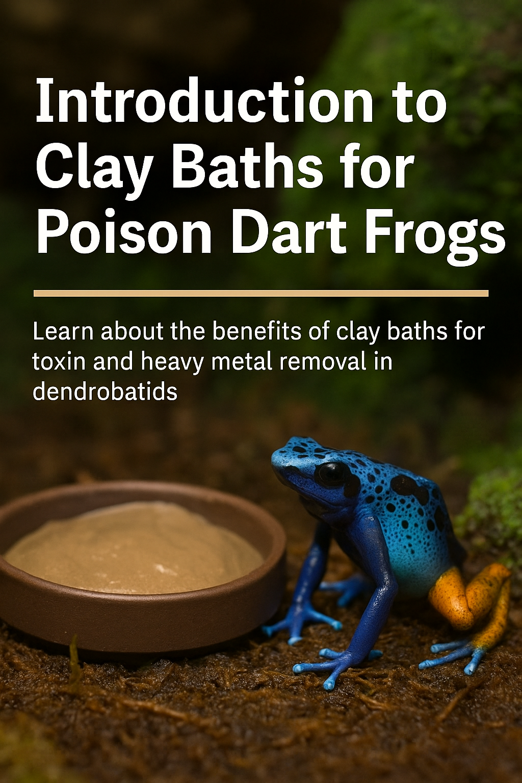Poison dart frog beside a shallow clay bath filled with bentonite clay inside a naturalistic vivarium, showing safe hydration and detox practices for amphibians.