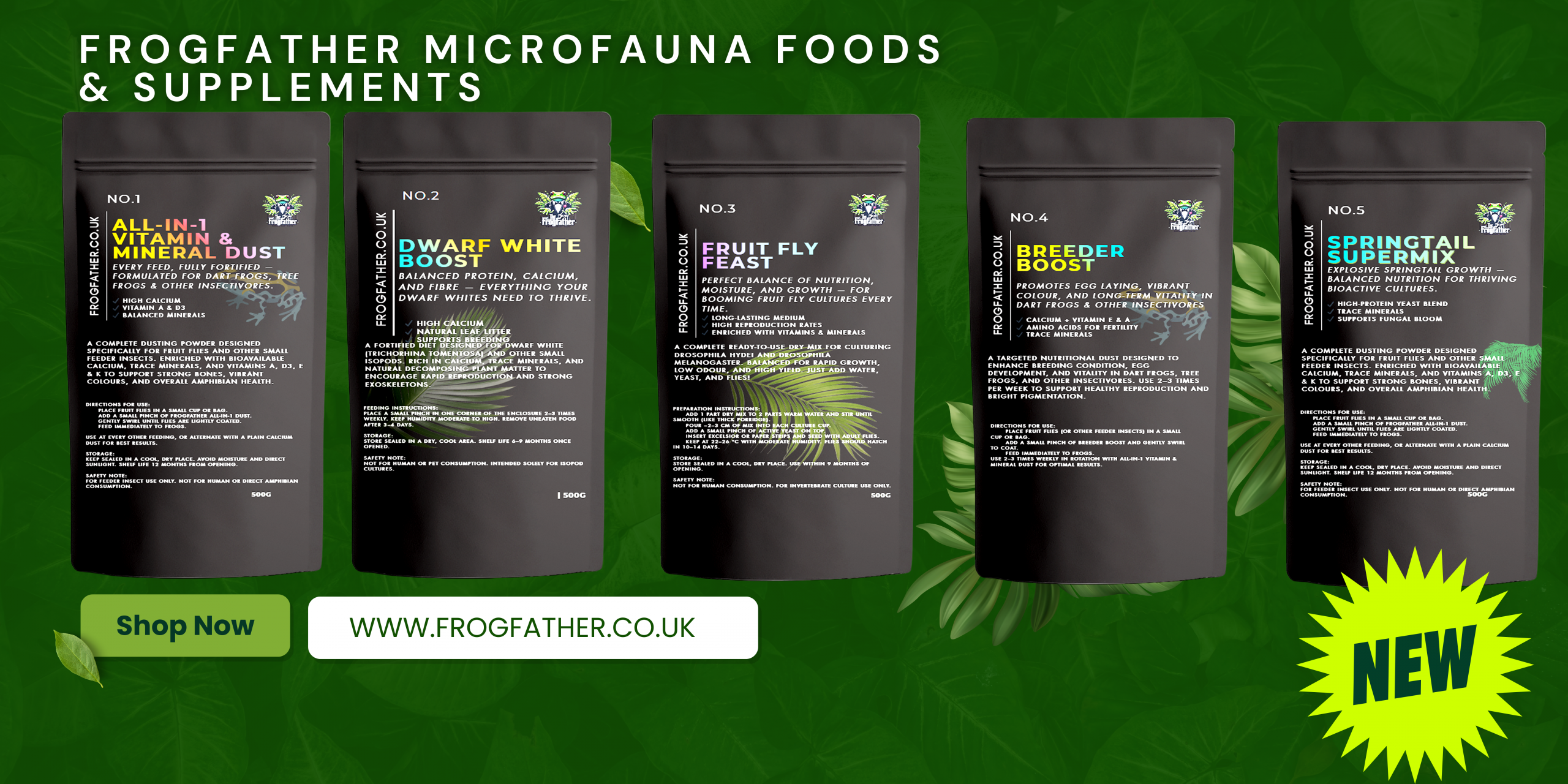 Frogfather Microfauna Foods and Supplements full product range shown together, including Springtail Supermix, Dwarf White Boost, Fruit Fly Feast, All-in-1 Vitamin and Mineral Dust, and Breeder Boost