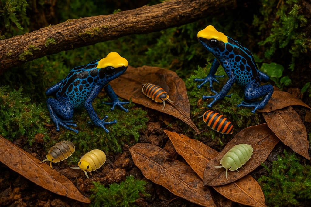 Electric blue dart frogs and colourful isopods cohabiting in a lush naturalistic vivarium with moss, leaf litter, and wood