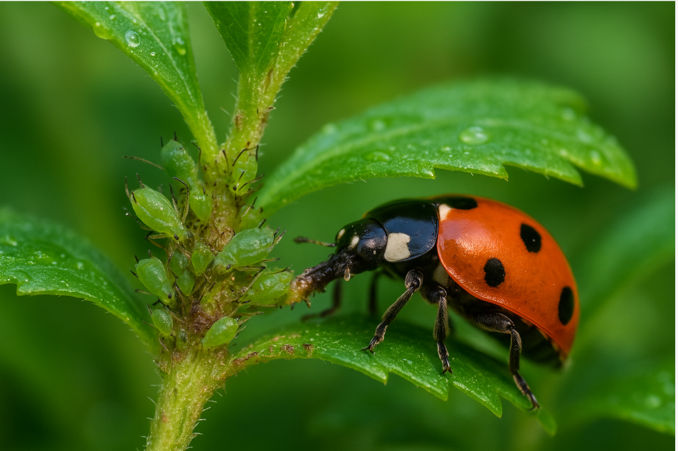 Ladybird eating aphids on a plant stem in a green vivarium environment