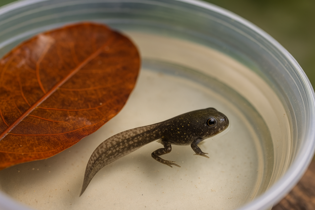 Dart frog tadpole swimming in aged water beside a floating almond leaf