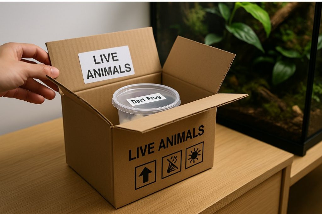 Securely packaged dart frog being unboxed from live animal courier delivery