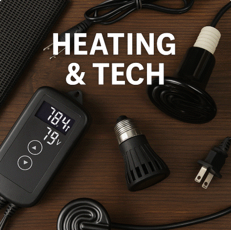 A neatly arranged collection of vivarium tech including a digital thermostat, ceramic heat emitter, LED light, plug, and heat mat on a wooden surface with the text “HEATING & TECH” overlaid, representing the Heating & Tech category on Frogfather.co.uk.
