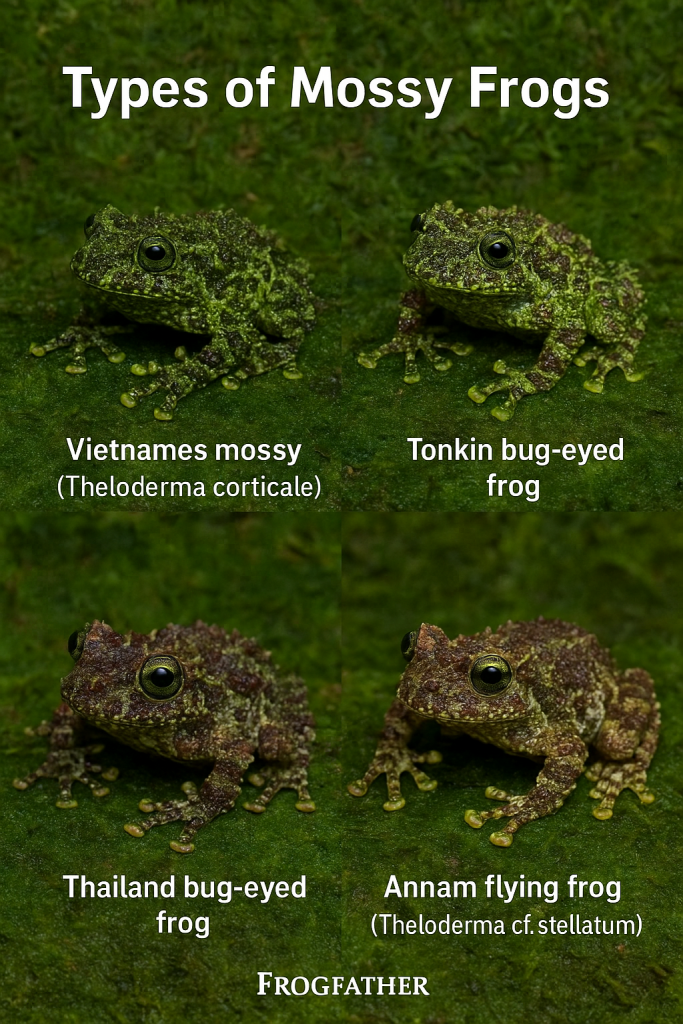 Comparison image of four mossy frog species: Vietnamese mossy frog, Tonkin bug-eyed frog, Thailand bug-eyed frog, and Annam flying frog, each labeled and posed on moss.