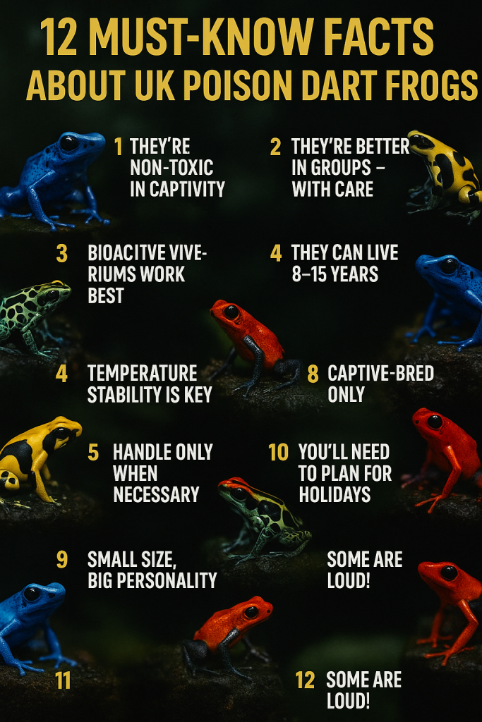 “Infographic showing 12 essential facts about keeping poison arrow frogs in the UK”