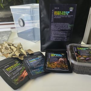 Frogfather Tadpole Grow-Out Kit with aged bioactive substrate, grow-out leaves, tadpole food, tadpole tea bags and cleanup crew