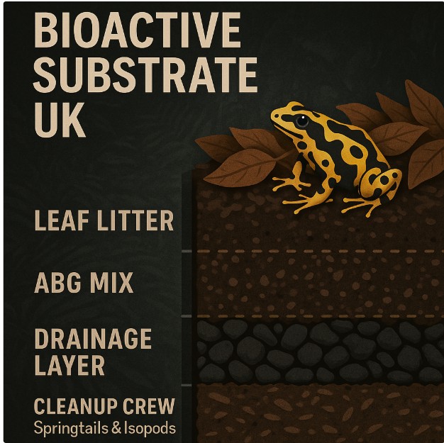 Closeup of bioactive substrate layers in a UK dart frog vivarium