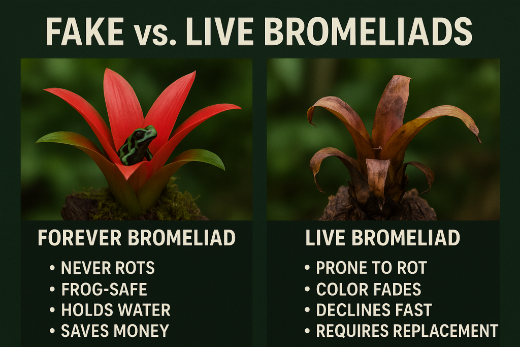 Side-by-side infographic comparing Forever Bromeliad (3D printed, lifelike, reusable) versus a decaying live bromeliad in a vivarium, showing benefits for dart frog care
