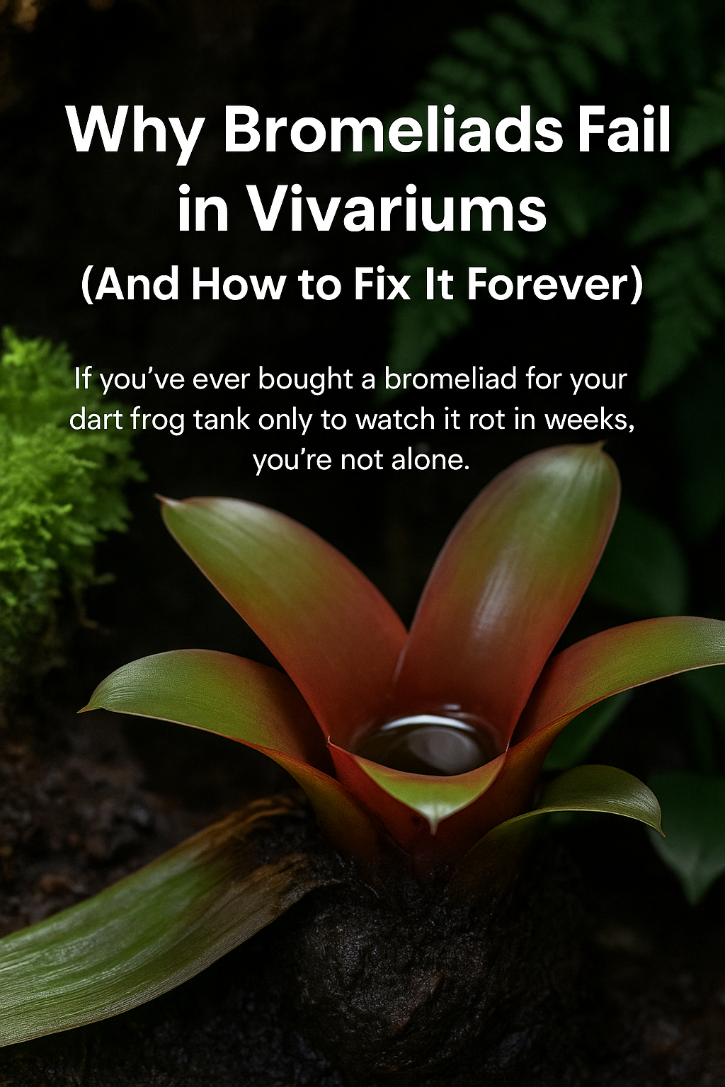 Close-up of a bromeliad in a vivarium with text overlay: Why Bromeliads Fail in Vivariums (And How to Fix It Forever)