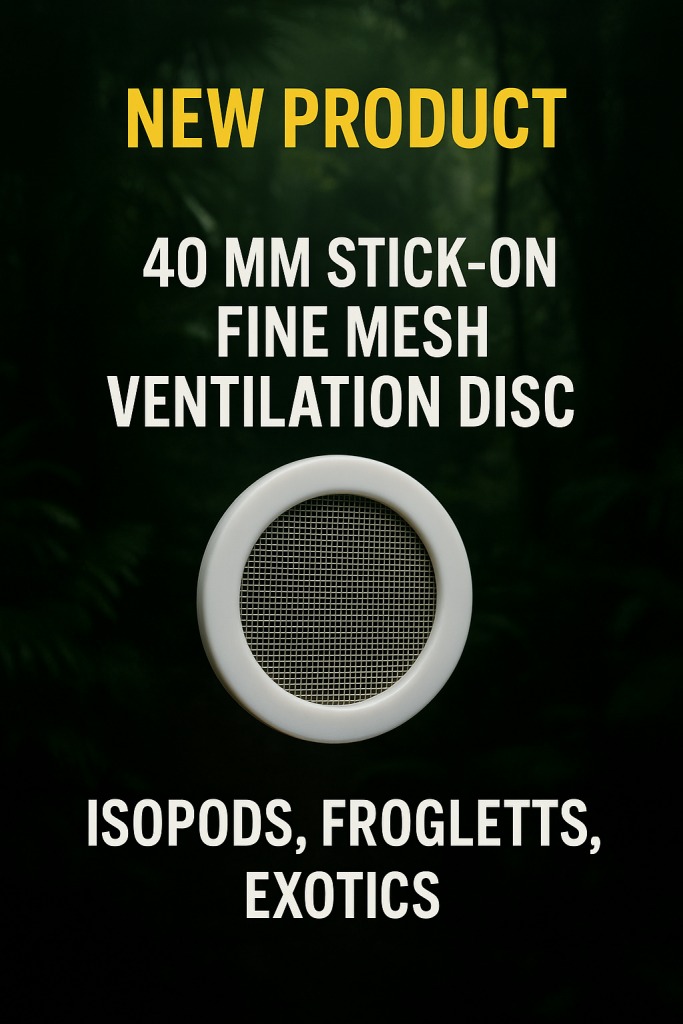 New product launch image showing a 40 mm stick-on fine mesh ventilation disc with ultra-fine mesh, designed for isopods, froglets, and exotic invertebrates, against a dark jungle background