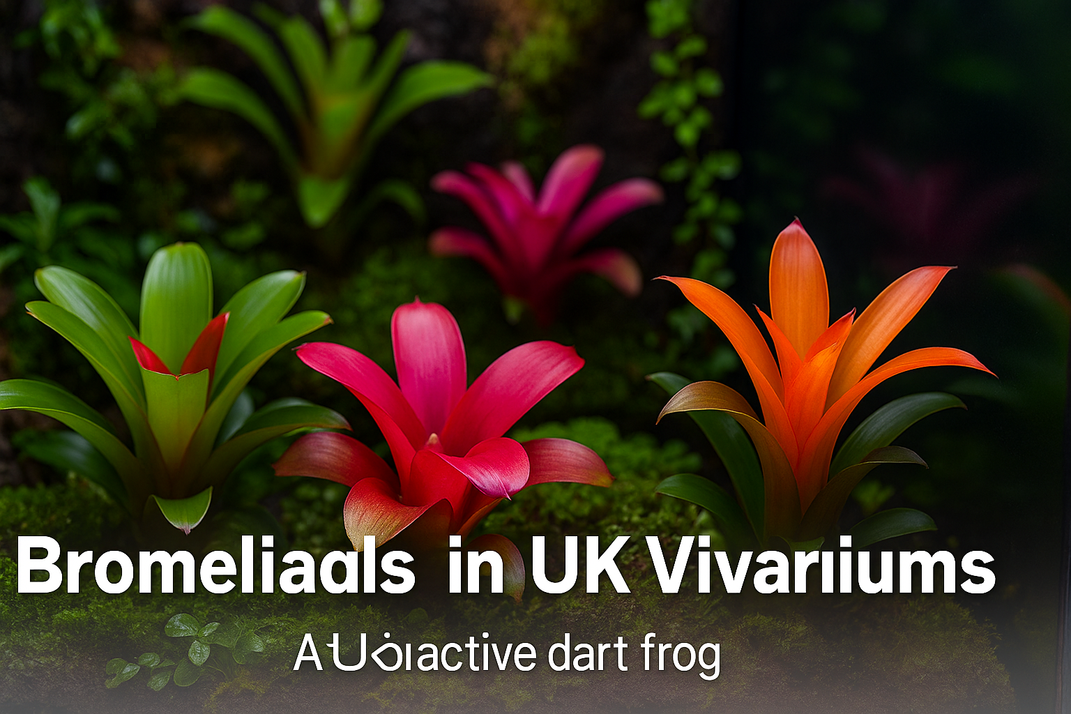 Colourful bromeliads arranged in a UK bioactive dart frog vivarium