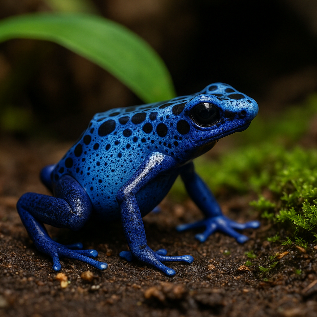 Blue Poison Arrow Frog perched on moss in a UK vivarium