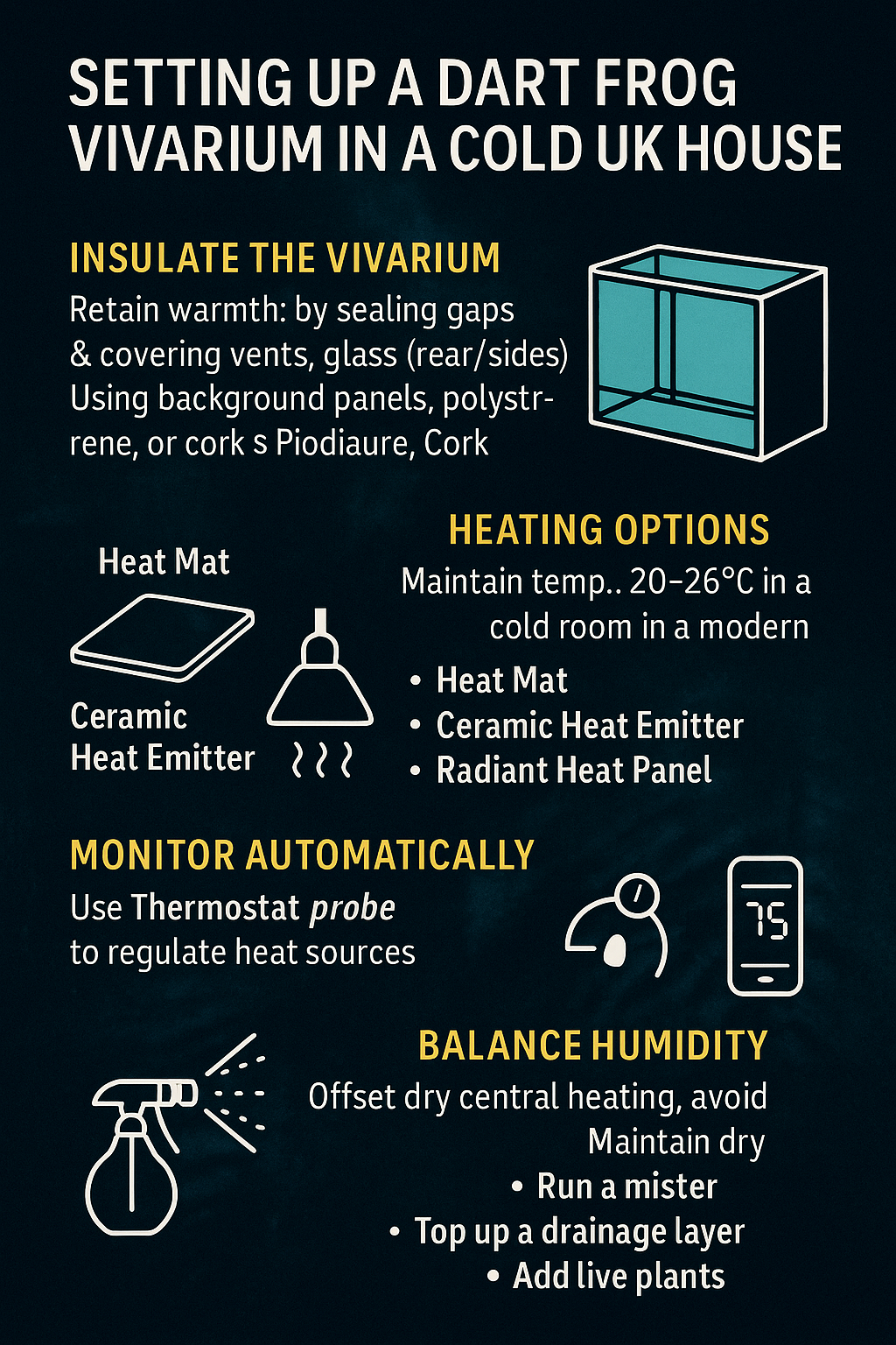 UK winter dart frog vivarium infographic: insulation, heating methods, humidity tips, and placement advic