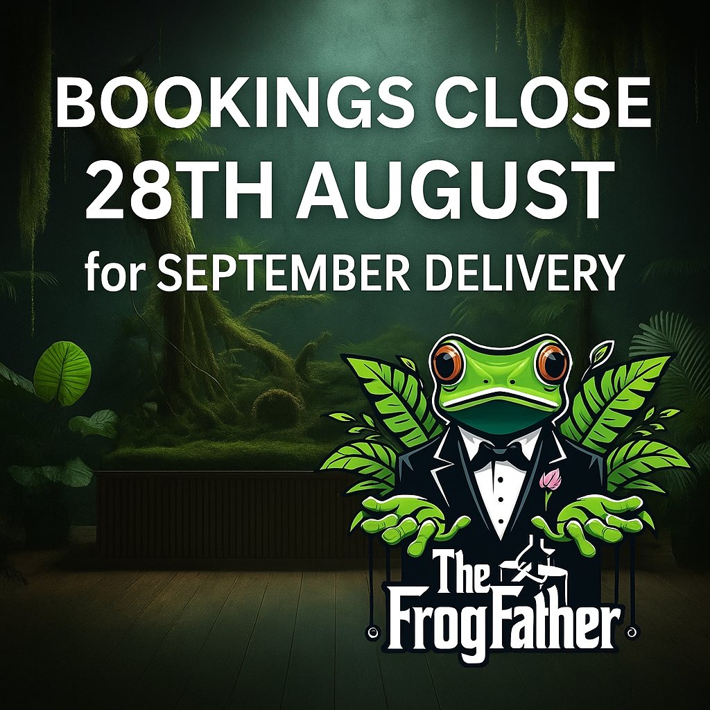 Bookings close 28th August for September dart frog delivery with The FrogFather logo and jungle vivarium background.”