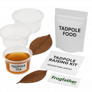 Tadpole Raising Kit for dart frogs, including deli cups, almond leaf tea, tadpole food, and instructions from Frogfather UK