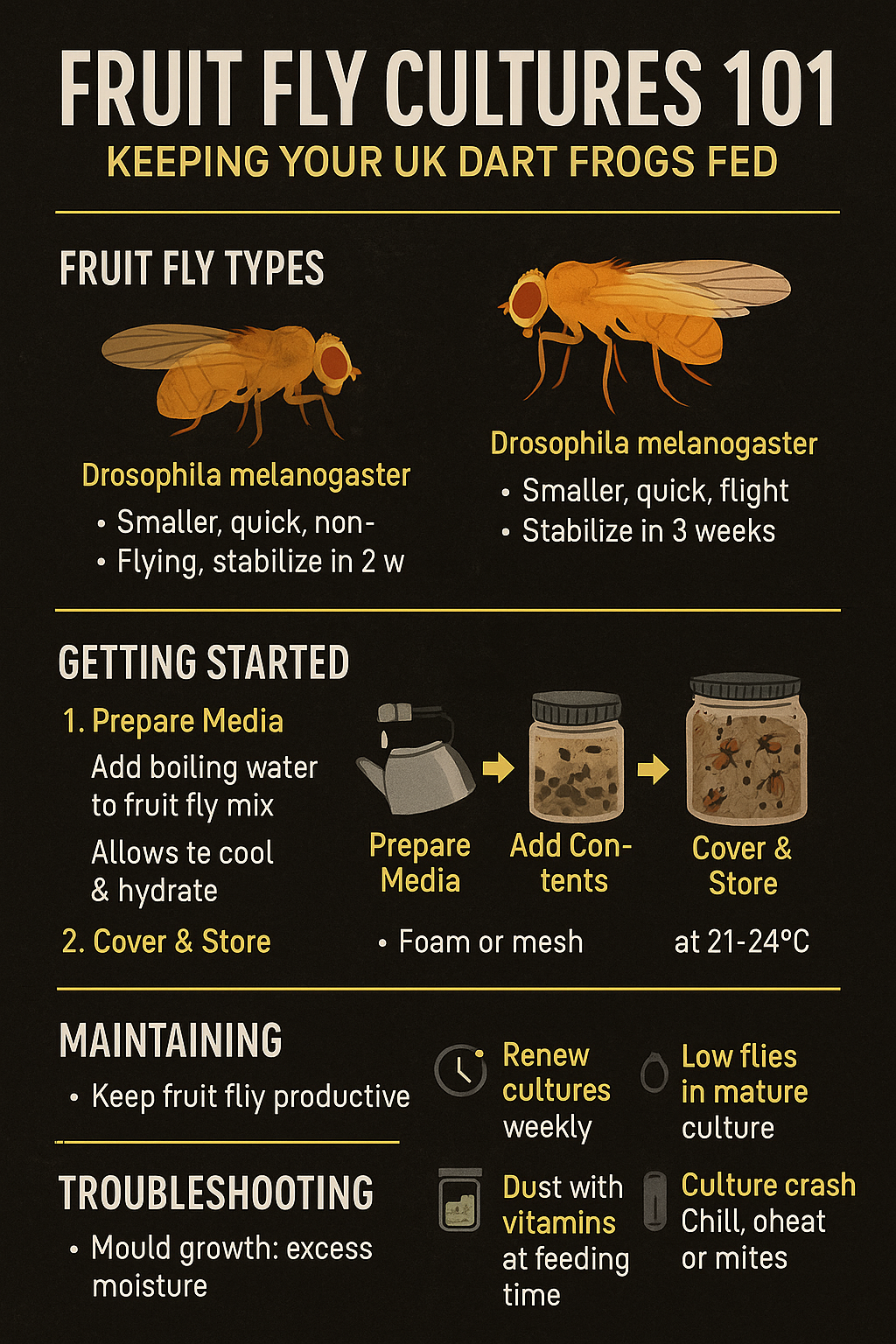 Fruit fly culture infographic for UK dart frog keepers: melanogaster vs hydei, media setup, mould tips, and feeding advice