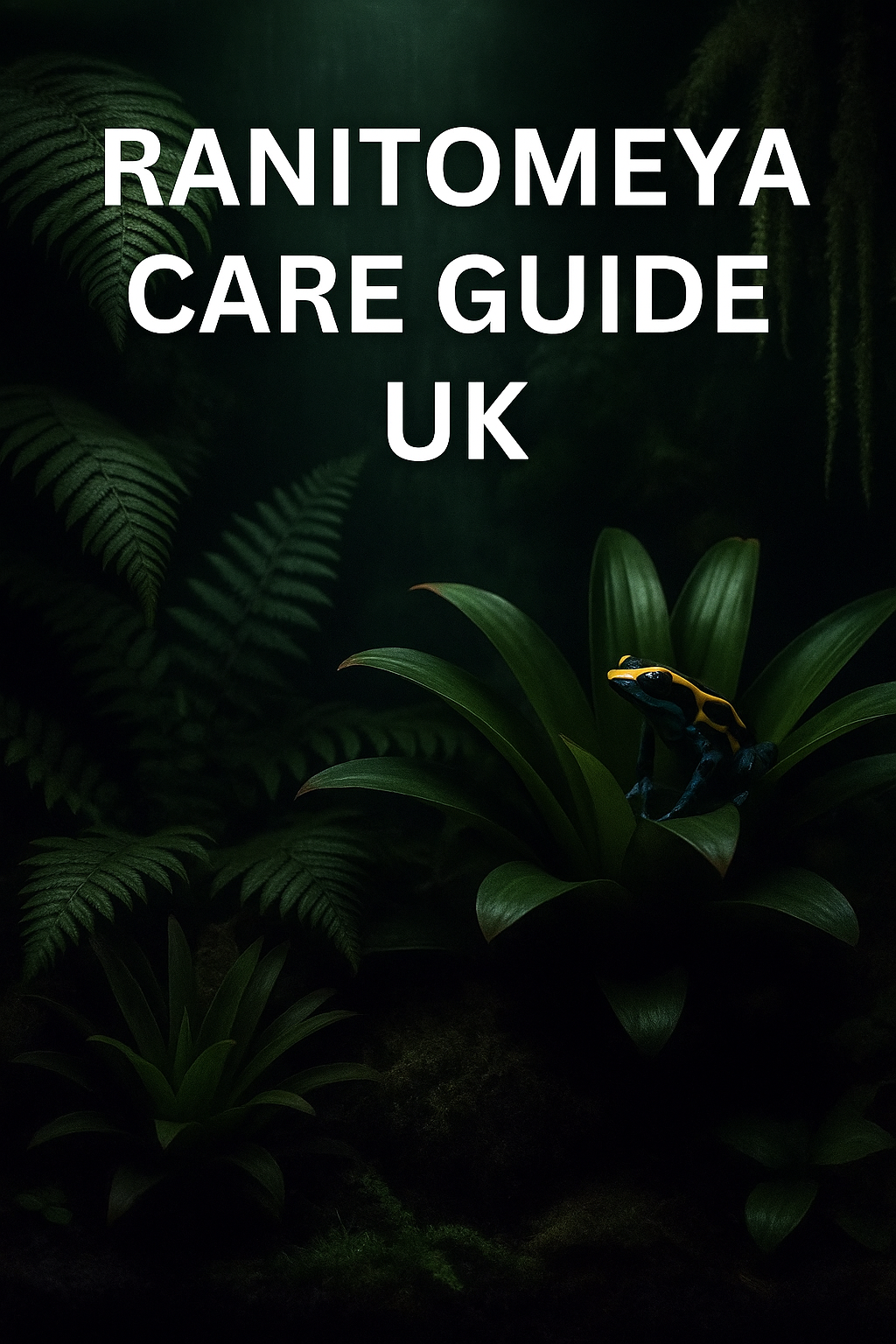 Ranitomeya dart frog perched on a bromeliad in a UK vivarium