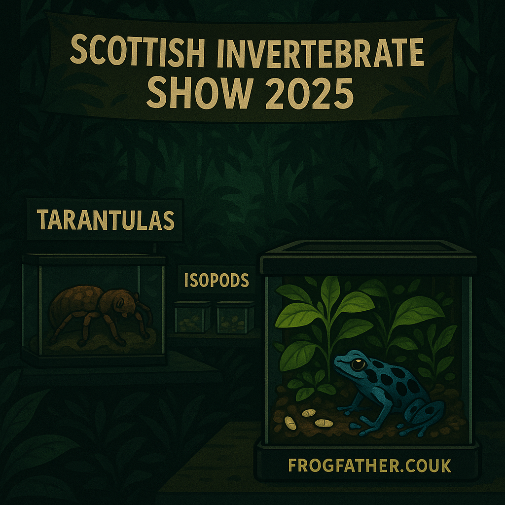 Scottish Invertebrate Show 2025 in Glasgow featuring tarantulas, beetles, isopods, and Frogfather bioactive enclosures for dart frogs