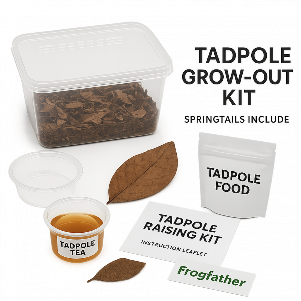 Complete Tadpole Raising Kit with bioactive grow-out tub, substrate, leaves, springtails, almond leaf tea, and tadpole food from Frogfather UK