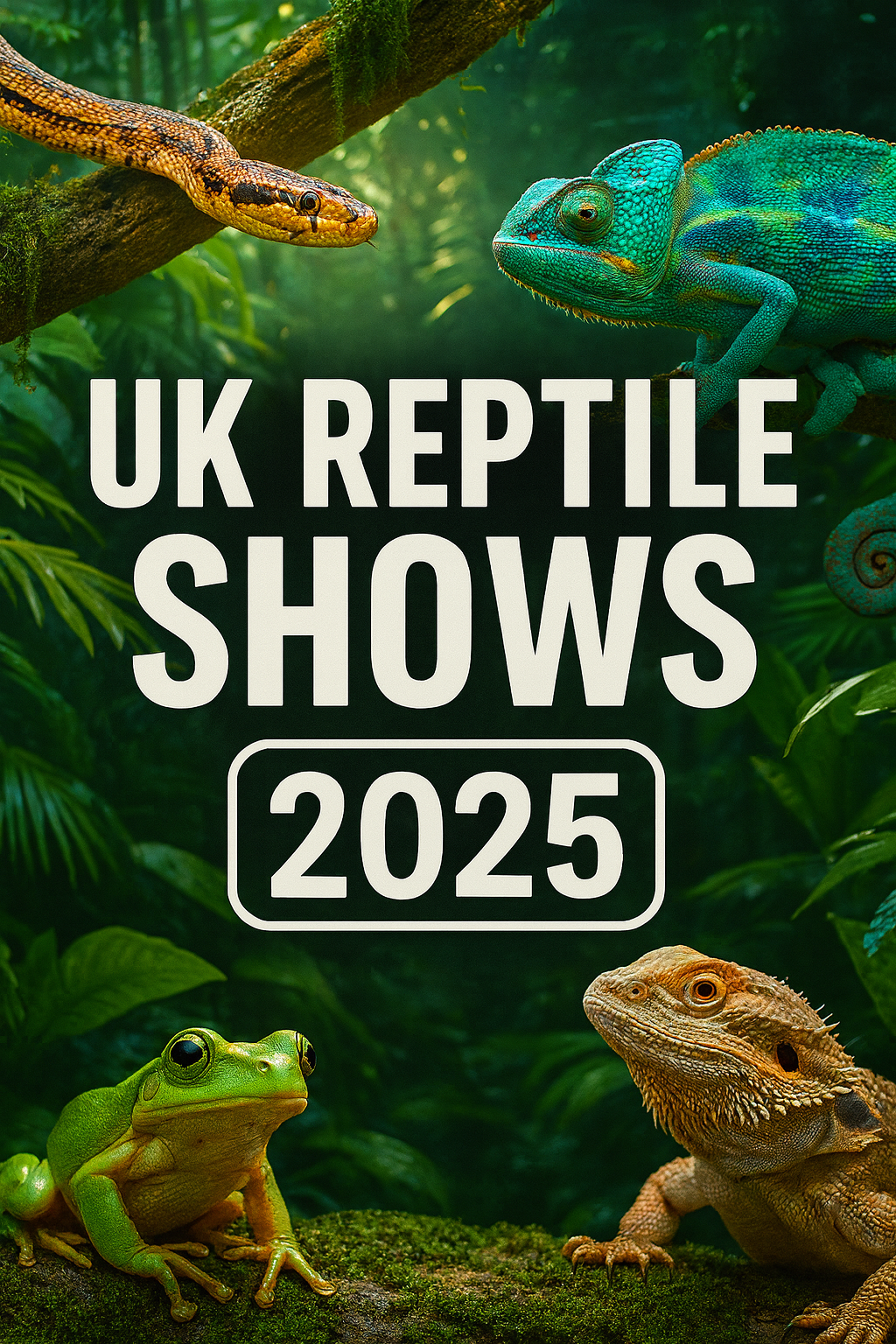 Poster for UK Reptile Shows 2025 with jungle background and various reptiles including a snake, chameleon, tree frog, and bearded dragon