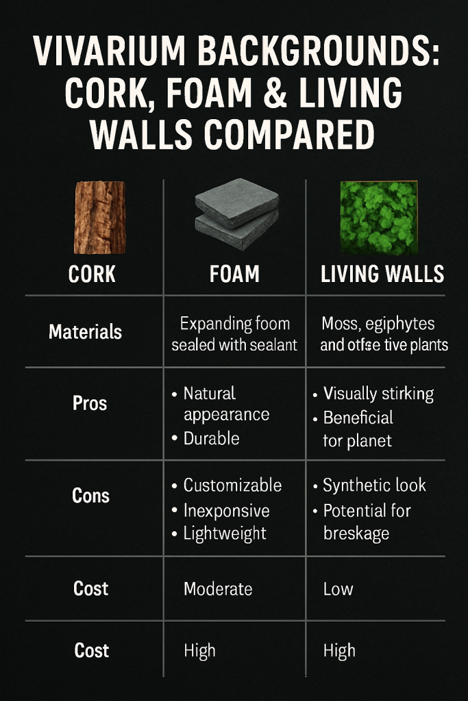Comparison infographic of vivarium backgrounds: cork, foam and living wall types for UK dart frog enclosures