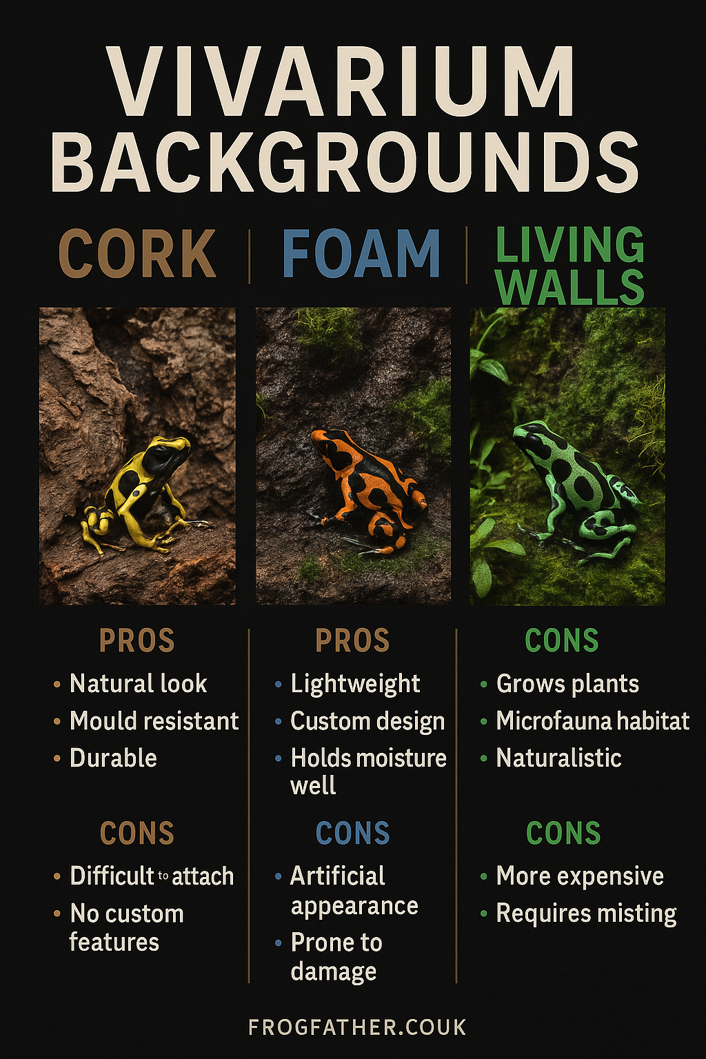 UK dart frog vivarium with cork, foam and moss backgrounds