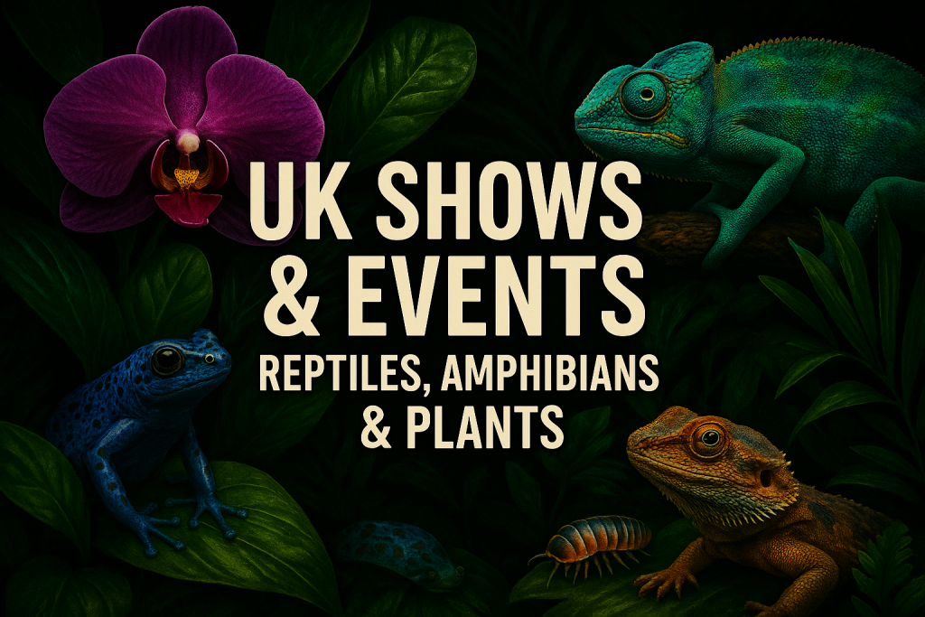UK Shows & Events banner featuring reptiles, amphibians, orchids, and tropical plants on a dark modern background