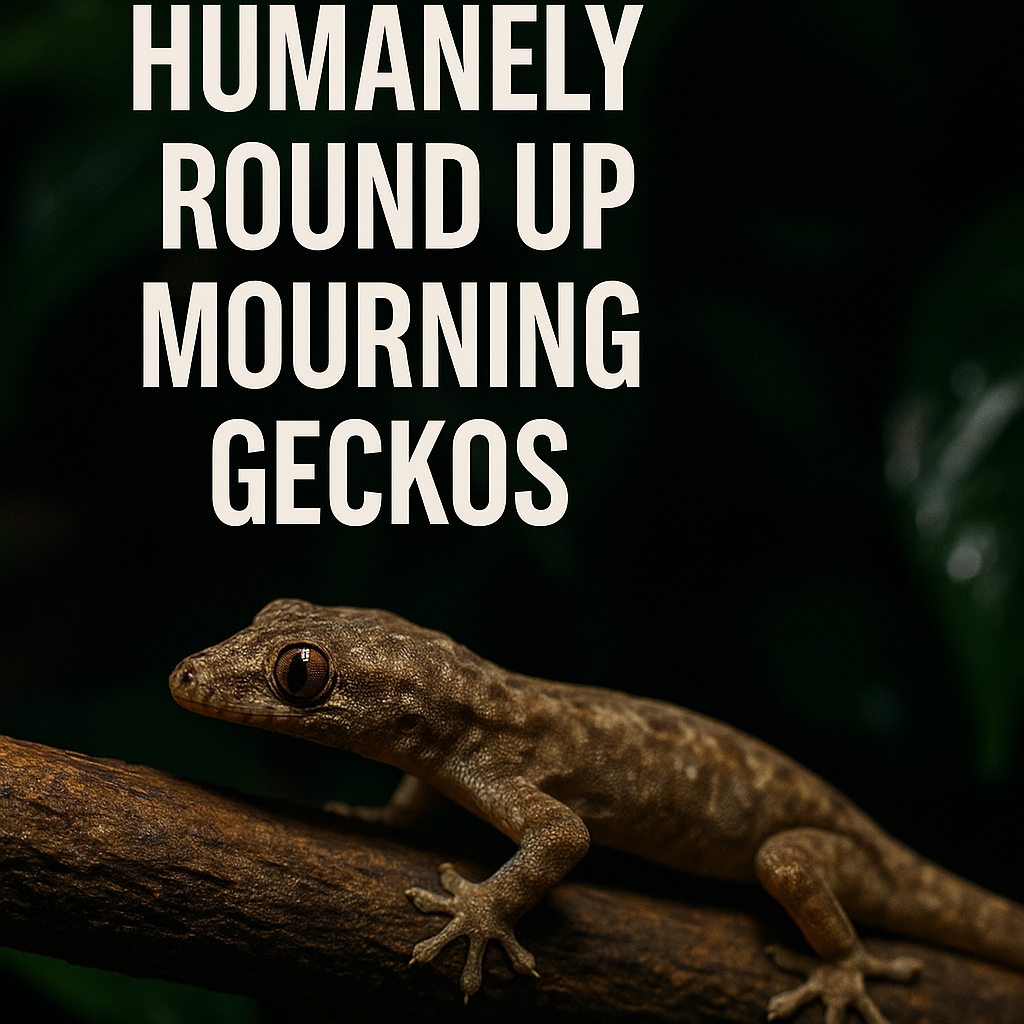 Realistic mourning gecko perched on a branch in a dark tropical vivarium with bold text overlay: How to Humanely Round Up Mourning Geckos.
