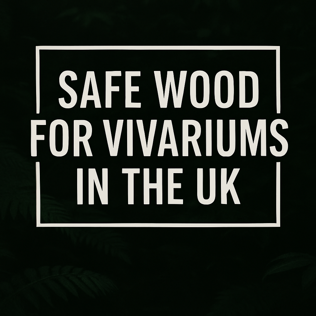 Bold white text reading “Safe Wood for Vivariums in the UK” framed with a white border on a dark jungle background with ferns.