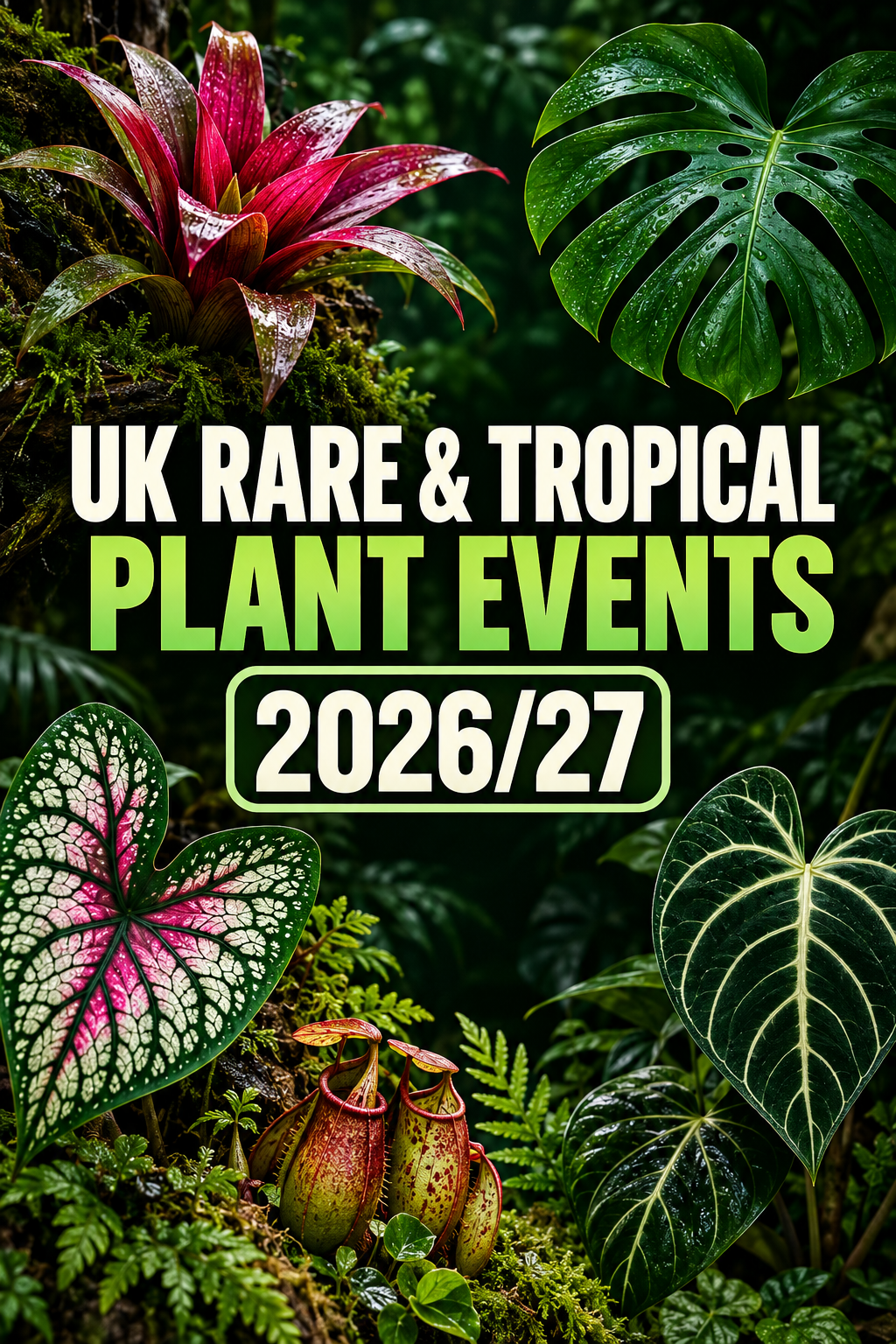 UK Rare & Tropical Plant Events 2026–2027 guide with bromeliads, Monstera, Caladium, Anthurium and tropical foliage