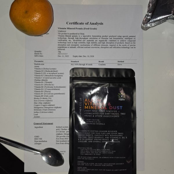 Independent laboratory test results confirming the safety and nutritional quality of an all-in-one fruit fly and cricket dusting supplement for frogs and reptiles.
