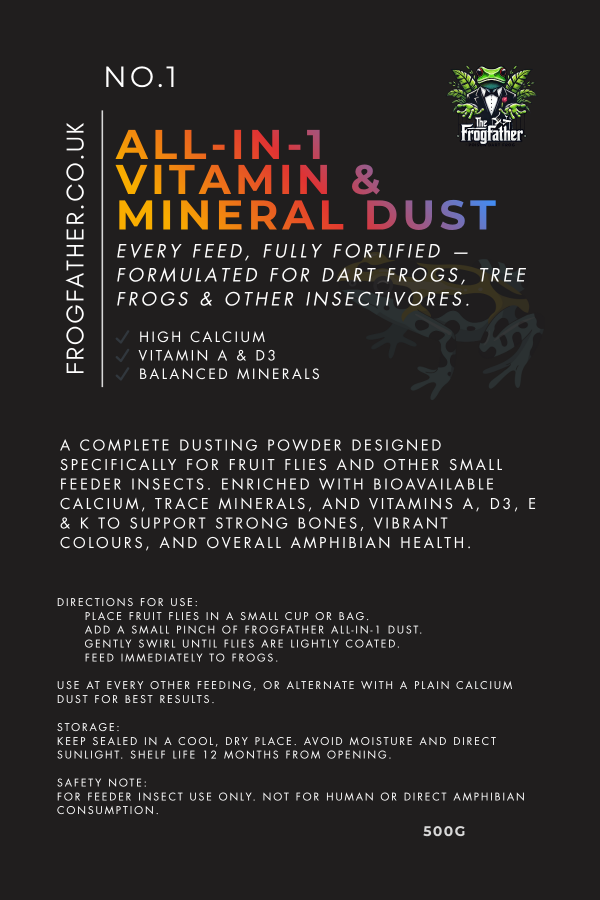 All-in-1 feeder insect dust label by Frogfather, vitamin and mineral frog supplement