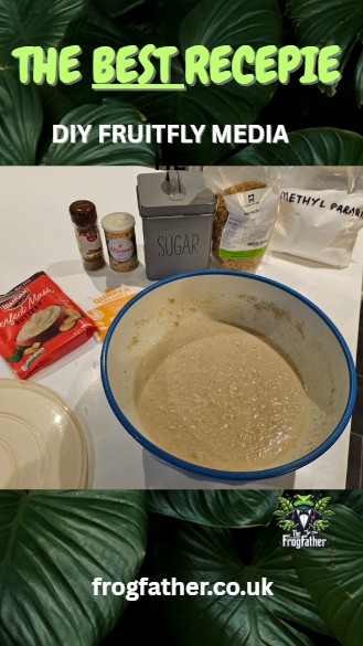 The mix that never fails for culturing fruit flies, showing a list of ingredients including oats, potato flakes, sugar, bee pollen, yeast, cinnamon, and methylparaben.