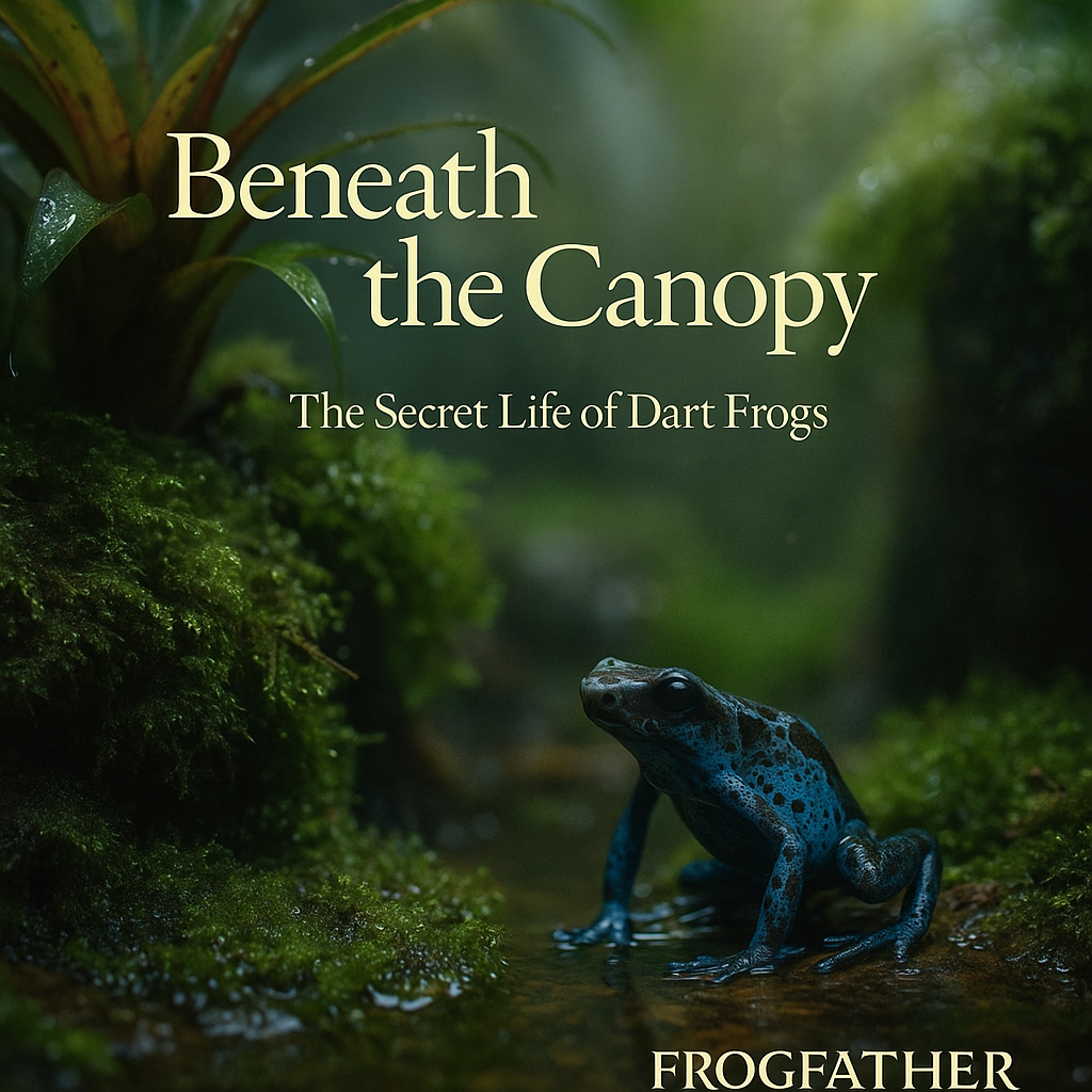 Ranitomeya variabilis dart frog resting on a mossy bromeliad in a misty rainforest vivarium, captured in BBC documentary style with soft natural light and gentle mist.