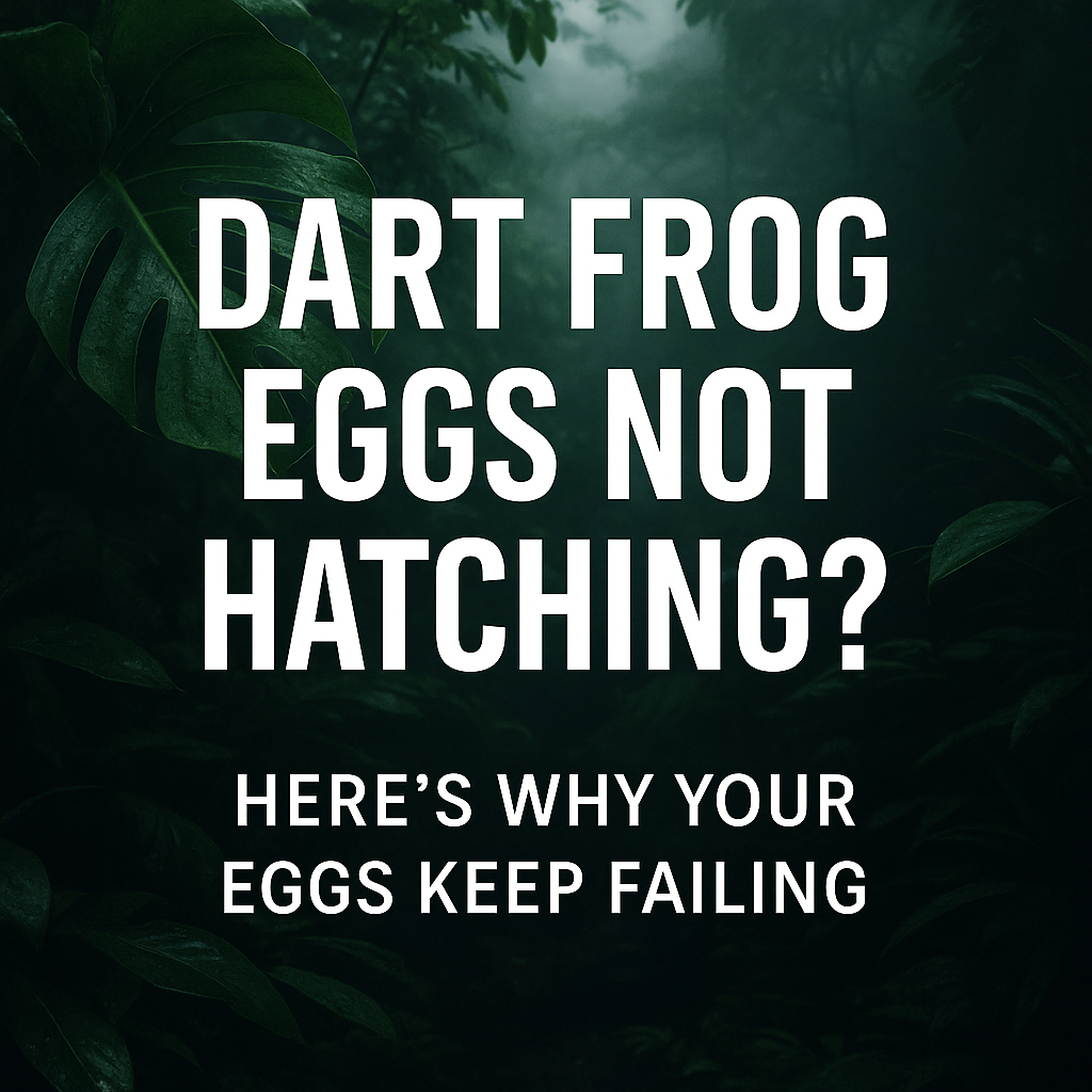 Bold text reads: Dart Frog Eggs Not Developing? over a dark jungle background with mist and foliage