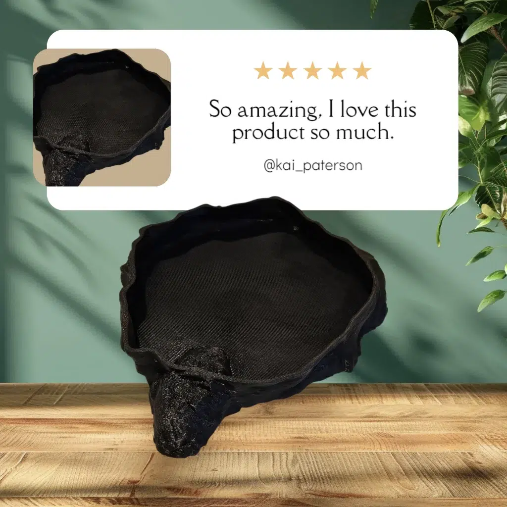 10 cm 3D-printed PLA clay bath holder for dart frogs, shown in green and brown, designed for bentonite clay treatments