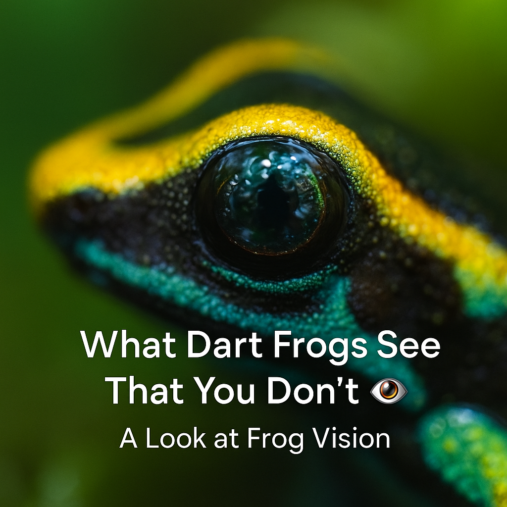 Close-up of a dart frog’s eye showing reflections of light and leaves inside a vivarium.