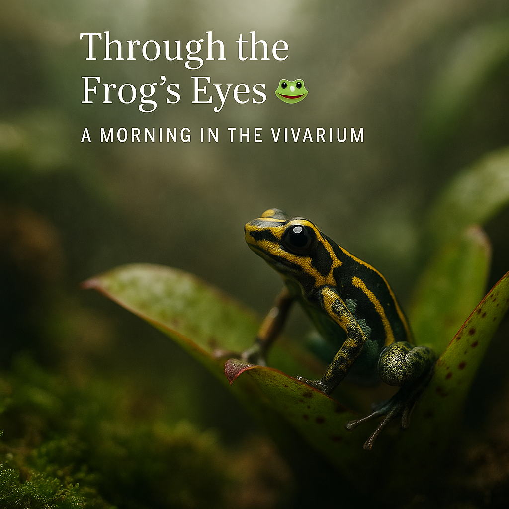 Ranitomeya variabilis dart frog in a misted vivarium, morning light refracting through droplets.