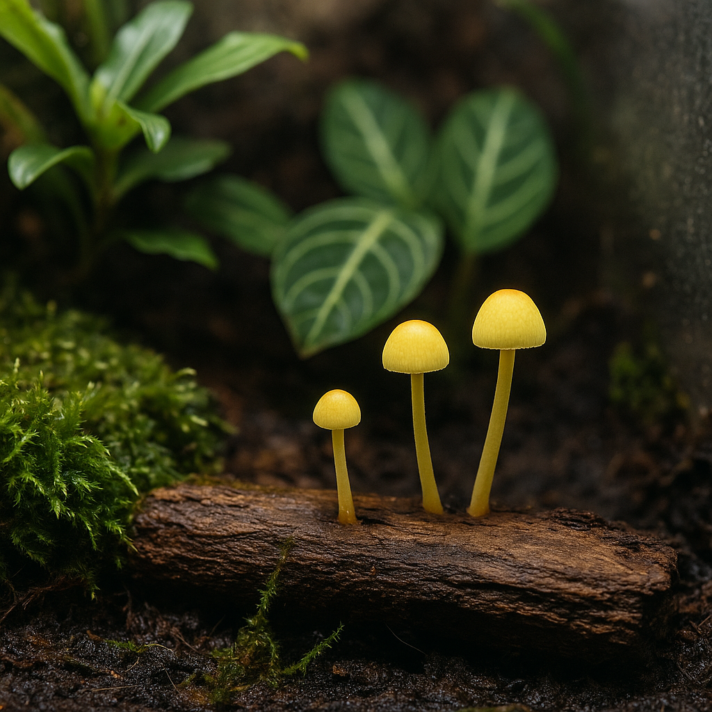 Small yellow mushrooms growing naturally on wood and moss inside a tropical bioactive vivarium.