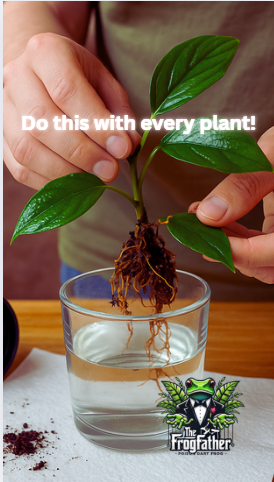 Hands rinsing tropical terrarium plant roots before adding to a bioactive vivarium