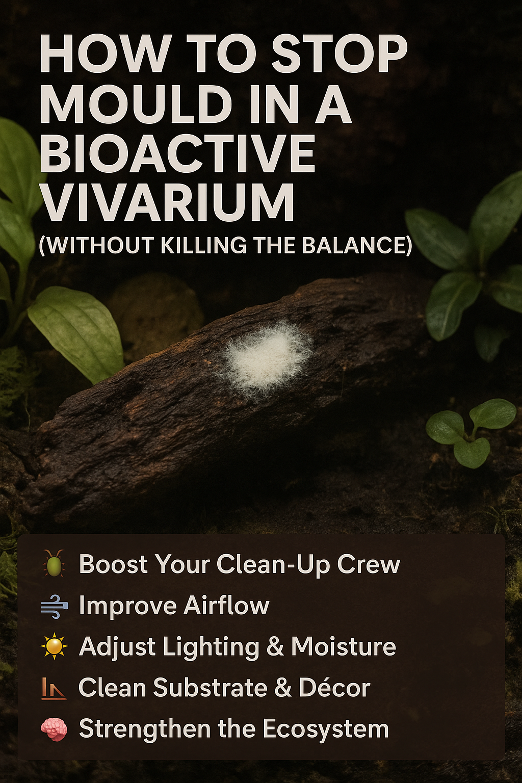 White mould on wood inside a tropical bioactive vivarium with overlaid text about mould prevention steps