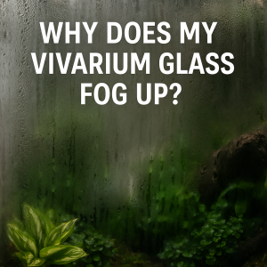 Condensation droplets covering vivarium glass with tropical plants visible behind the fog.