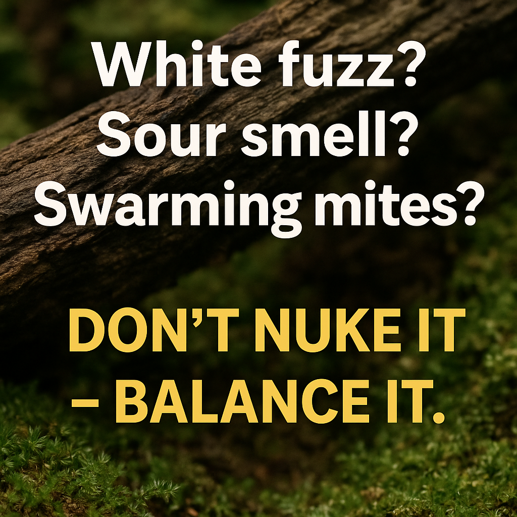 Close-up of a mossy vivarium branch with white text reading “White fuzz? Sour smell? Swarming mites? Don’t nuke it — balance it,” promoting the Frogfather UK bioactive vivarium recovery guide.