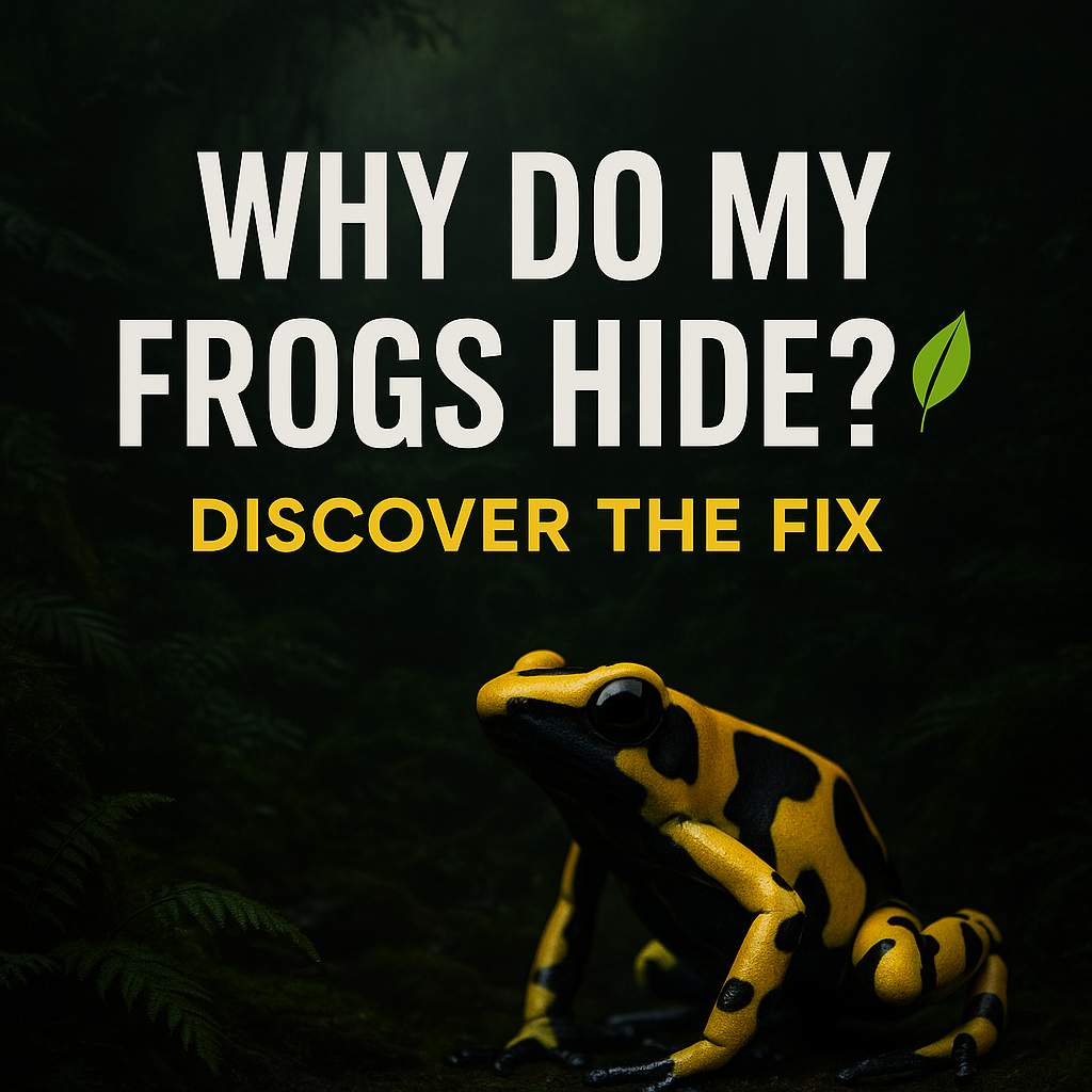 Dart frog hiding in a planted jungle vivarium with call-to-action text ‘Why Do My Frogs Hide? Discover the Fix’ overlayed