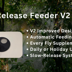 Slow Release Feeder V2 automatic self-feeding and self-dusting fruit fly system for dart frogs, featuring an improved round design for daily or holiday use.