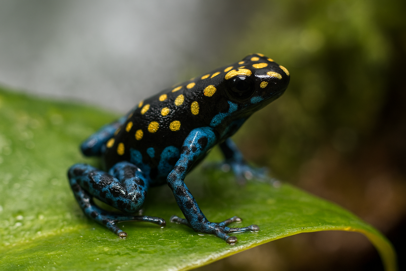 vivid macro close-up, blue-black body with golden spots, perched on bromeliad leaf, soft mist and tropical lighting.