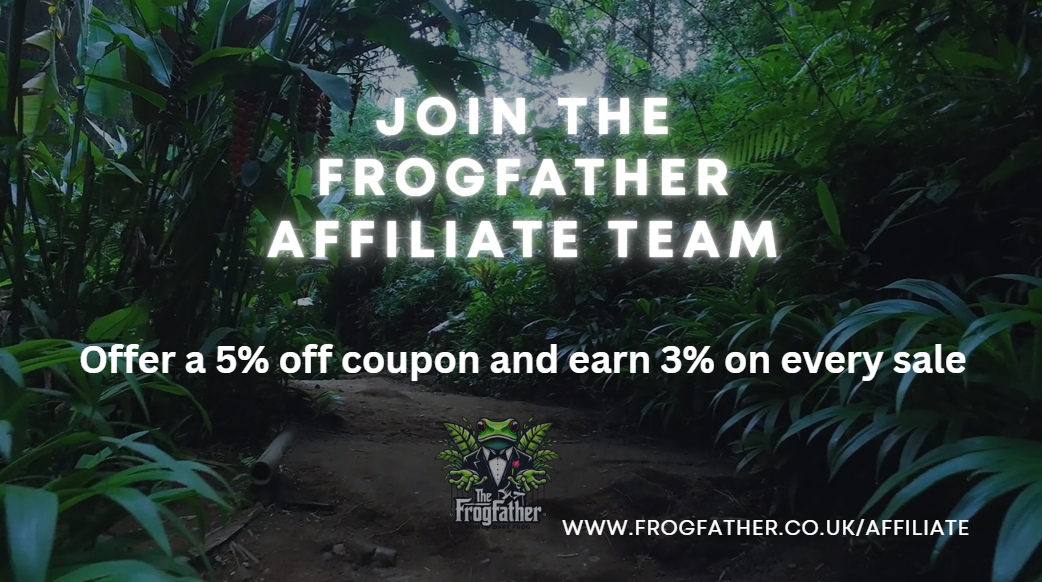 Dark tropical jungle background with bold white text inviting viewers to join the Frogfather Affiliate Team and earn commission.