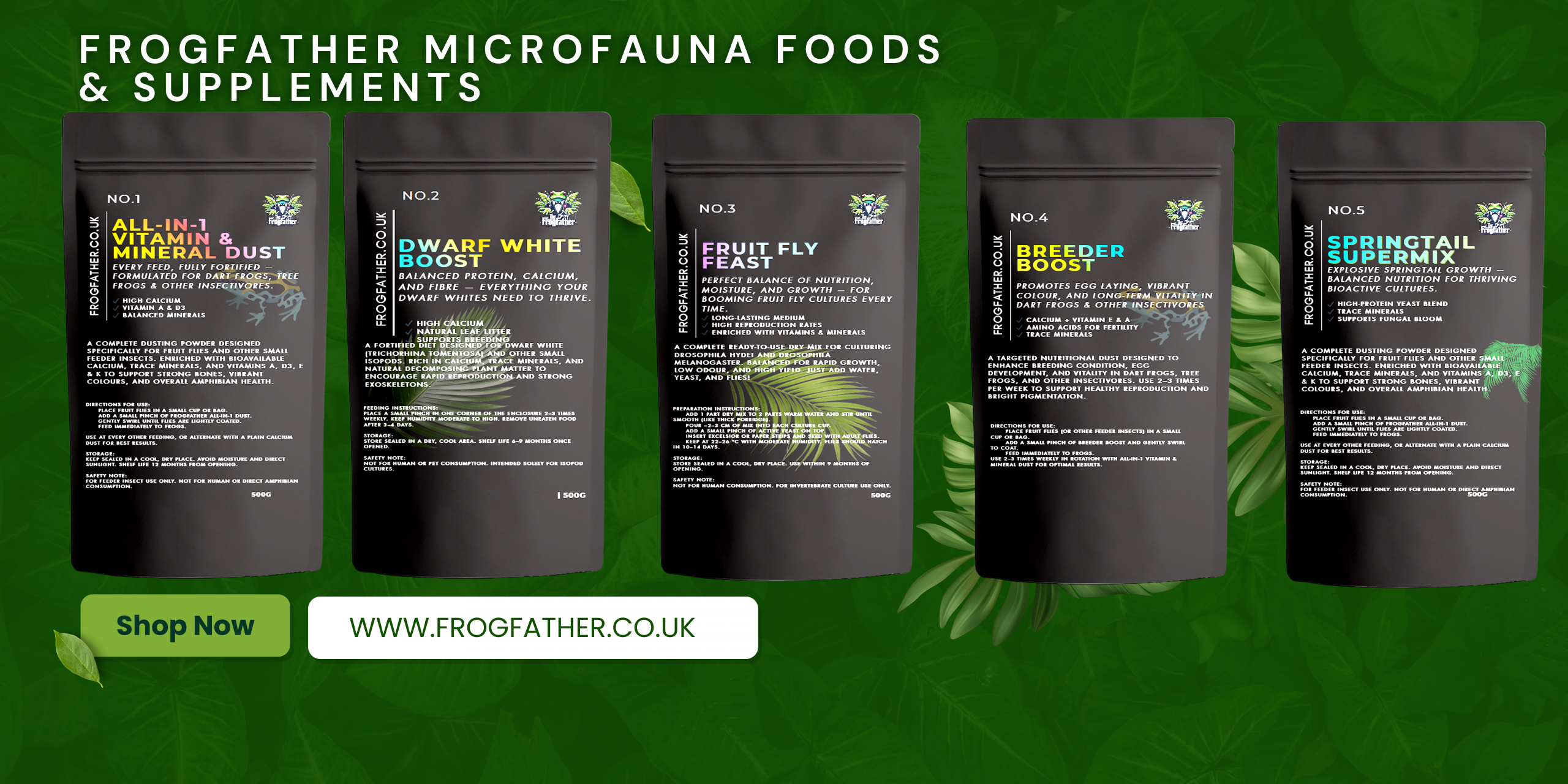 Frogfather Microfauna Foods and Supplements product range including Springtail Supermix, Dwarf White Boost, Fruit Fly Feast, All-in-1 Vitamin and Mineral Dust, and Breeder Boost Egg-Laying Formula