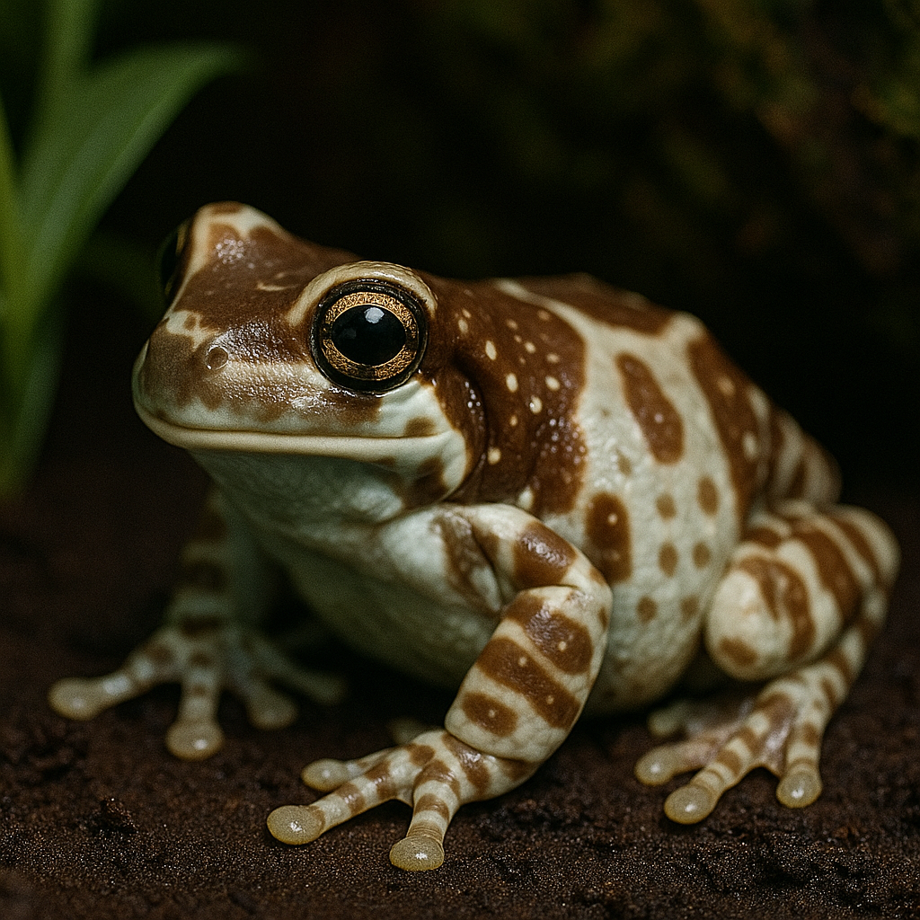 Amazon milk frog with blue-grey and brown bands perched on a thick branch