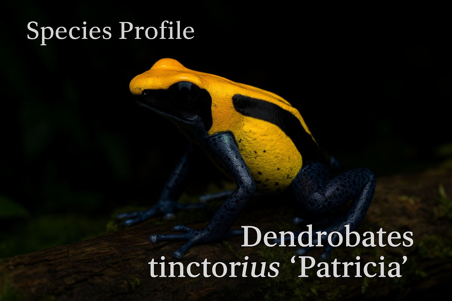 Dendrobates tinctorius ‘Patricia’ dart frog on moss in dark jungle vivarium